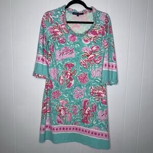 Barbara Erickson Women’s Lobster Print Shift Dress Beachy Resort Preppy Pink S
